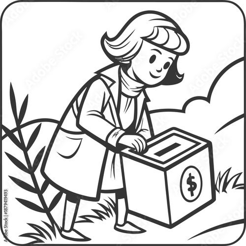 Donation illustration: A cartoon style image illustrating a person placing money in donation box for donation, depicting the spirit of giving and charity.