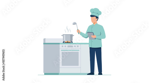 Professional chef cooking in a modern kitchen, reviewing recipe on tablet