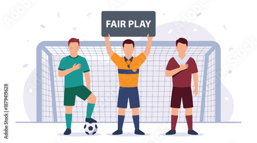Soccer players and referee promote fair play and sportsmanship concept