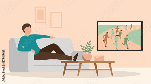 Young man relaxing on sofa watching sports competition on television at home
