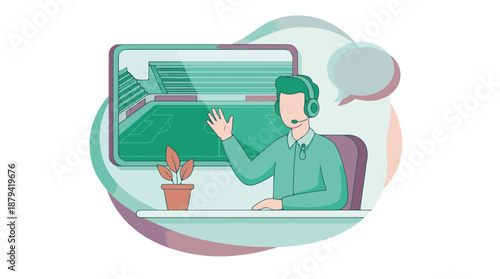 Sportscaster with headset broadcasting football game from studio desk