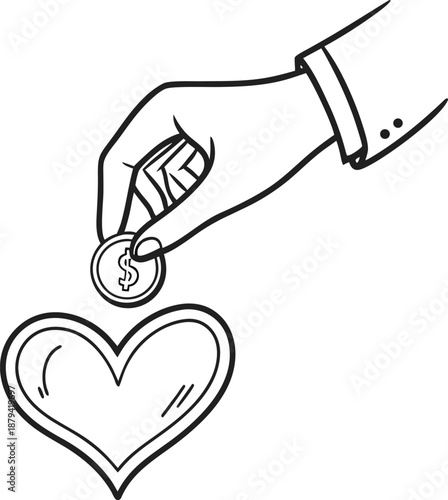 Charity Coin: An illustrative image depicts a hand dropping a coin into a heart, embodying the essence of giving and compassion. 