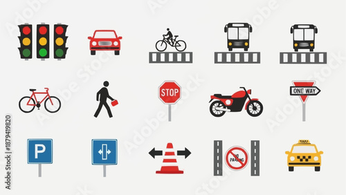 Collection of traffic and transportation icons and symbols.