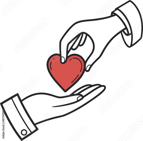 Heart's Giving: Depicting a moment of compassion and human connection, a pair of hands gently pass a heart symbol to another hand, evoking feelings of generosity and care.