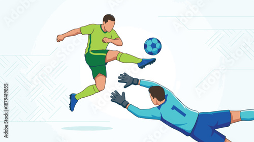 Soccer player kicking ball, goalkeeper diving for a save, vector illustration