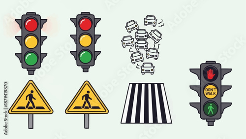 Traffic signal lights and road crossing signs illustration.