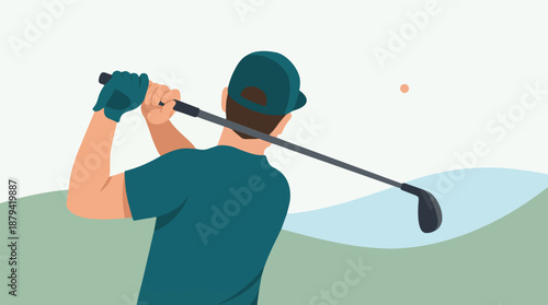 Minimalist illustration of a golfer mid-swing on a golf course