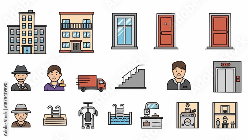 Collection of diverse icons representing buildings people and objects.