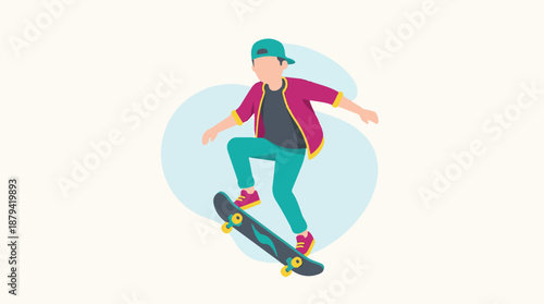 Young skateboarder in action, vibrant flat design illustration