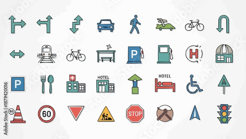 Collection of Transportation and Navigation Icons.