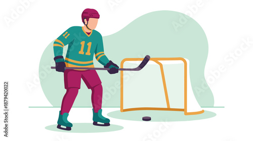Ice Hockey Player with Stick and Puck Ready for Action in Flat Style