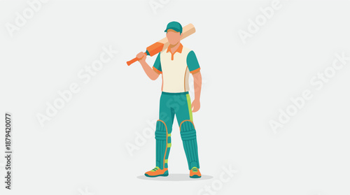 Professional male cricket player with bat and uniform, minimalist vector art