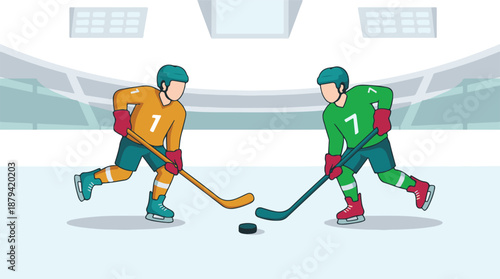 Two ice hockey players on a rink with a puck, vector illustration