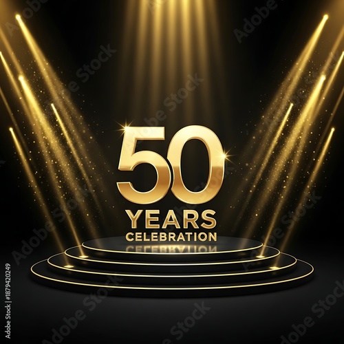 Elegant Golden 50 Years Celebration on Stage with Dazzling Spotlights