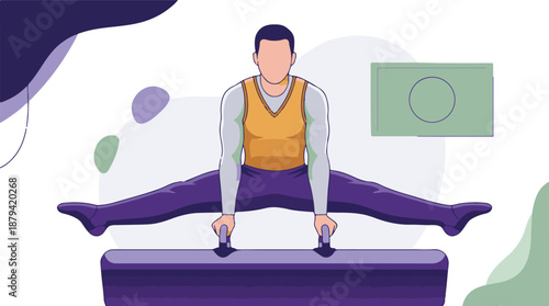 Male Gymnast Performing Straddle Split on Pommel Horse Vector Illustration