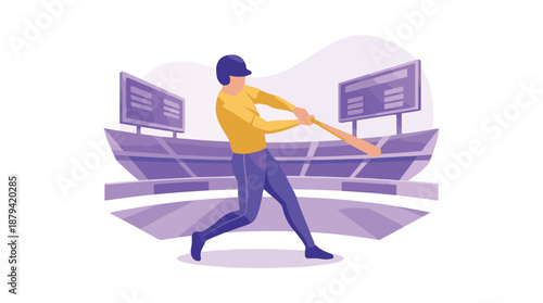 Baseball player swinging a bat in a stadium with scoreboards illustration