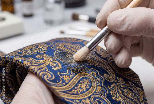 Dry cleaning specialist gently brushing a stain on a patterned blue silk tie