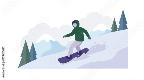 Person snowboarding down a snowy mountain slope with evergreen trees