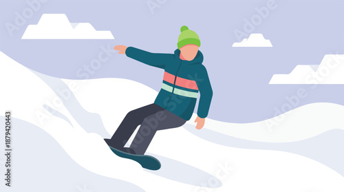 Vector illustration of a person snowboarding on a snowy mountain slope