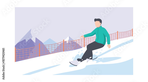 Snowboarder on a Snowy Mountain Slope with Safety Fence Illustration