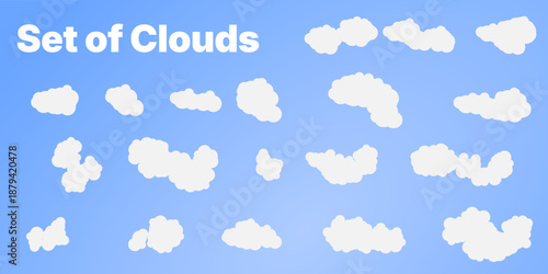 Set of flat white cartoon clouds icons isolated on blue gradient background. Vector illustration of different fluffy cloud shapes for weather forecast, sky design, and web interface