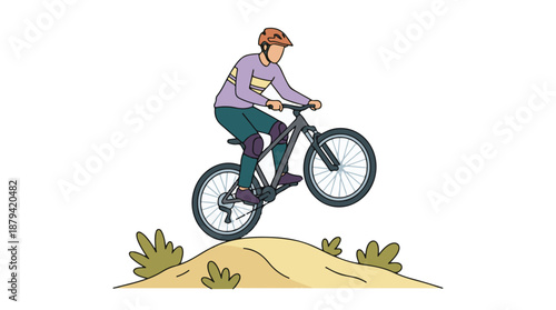 Cyclist on mountain bike riding over a dirt mound, outdoor sport illustration