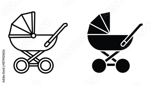 Baby stroller icon set in black and white