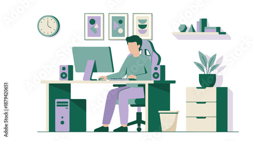 Man working on computer in modern home office with minimalist decor