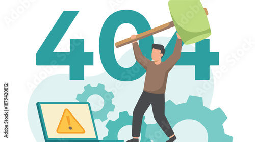 Man fixing a 404 page not found website error with laptop and mallet