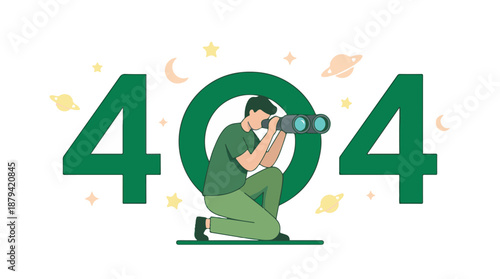 Website 404 error page illustration with man looking through binoculars