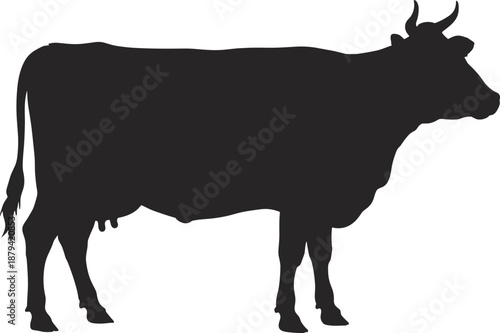 Cow silhouette side view, farm livestock animal shape for agriculture and dairy farming, black minimal flat vector illustration isolated on white