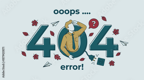 Website 404 error page illustration with confused person and unplugged connection