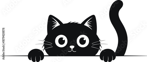 Cute black cat peeking illustration, playful cartoon kitten face with paws and fluffy tail, minimal animal character design, modern vector icon isolated on white background