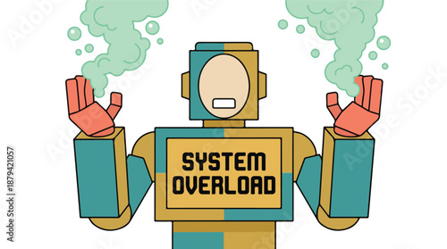 Cartoon robot with system overload message and green smoke