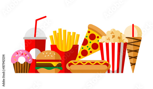 Fast Junk Food Flat Vector Set with Burger Pizza Fries and Snacks