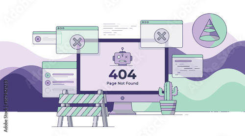 Digital 404 error page on computer screen with robot and web elements