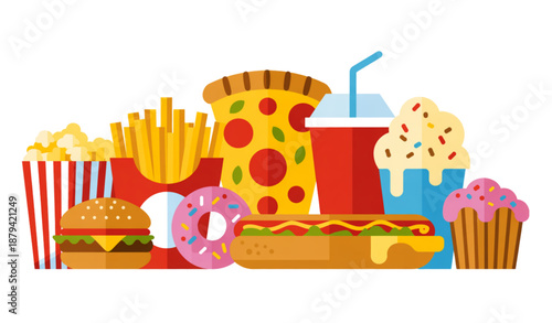 Cute cartoon fast food and junk food items set with burger pizza fries drinks isolated vector illustration