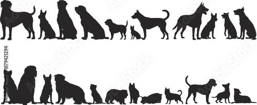 Dog silhouette lineup illustration, multiple canine breeds and poses, domestic pet collection, animal behavior variety, black vector illustration isolated on white background