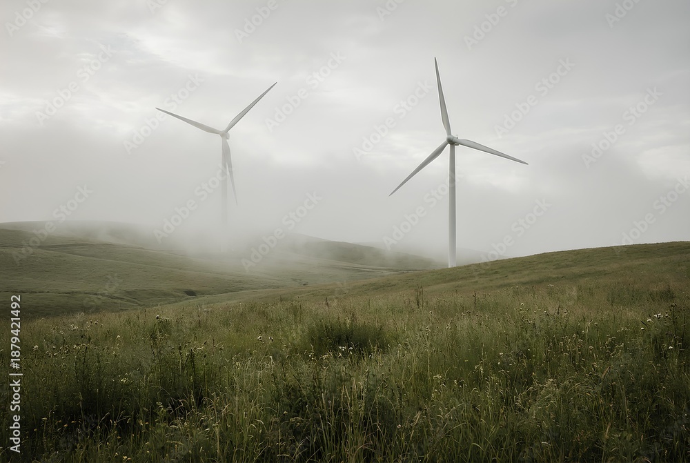 Obraz premium Wind turbines generating clean energy in foggy countryside landscape