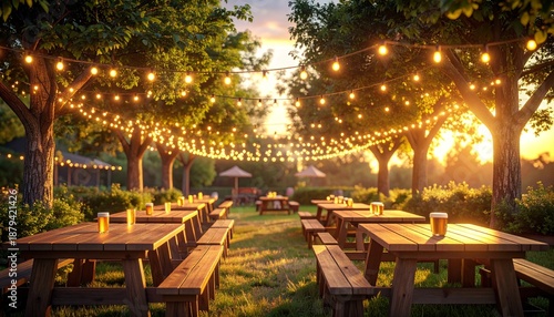 beer garden with beer glasses and glowing lights