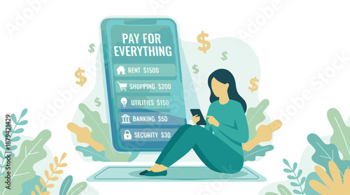 Woman Using Smartphone to Pay Bills and Manage Personal Finances