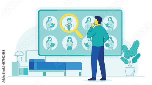 Man searching for a doctor online for healthcare consultation