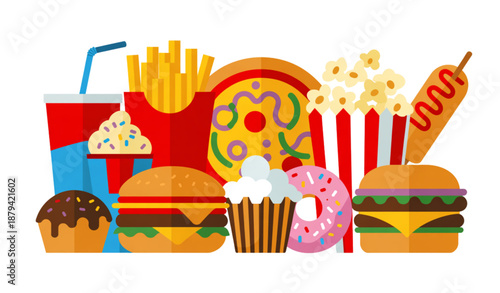 Colorful fast food collection including burger pizza french fries soda and sweets isolated on white vector