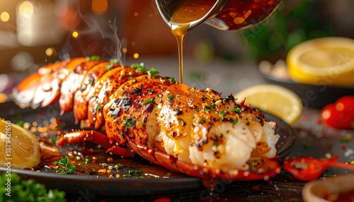 Grilled Lobster Tail with Delicious Sauce and Lemon