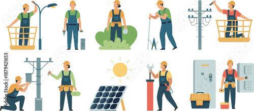 Electrician workers performing electrical maintenance street lighting power line repair and solar panel installation, professional energy service team vector illustration