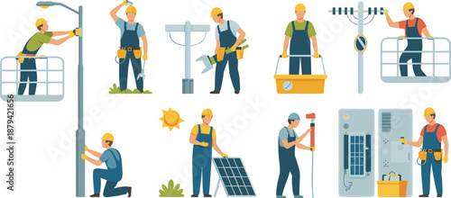 Electrician workers installing street lights power lines and solar panels, professional electrical maintenance team with tools safety gear vector illustration