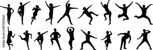 Energetic people dancing silhouettes collection, dynamic male and female dance poses in motion, modern dance vector illustration isolated on white backgroundEnergetic people dancing silhouette