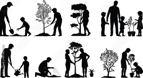 Family gardening silhouette set showing parents and children planting trees together, outdoor eco activity, nature care concept, black vector illustration isolated on white