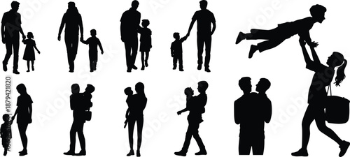 Family parent and child silhouette collection showing walking, holding hands, lifting kids, caring moments, happy parenting scenes, black vector illustration isolated on white background