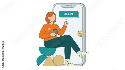 Woman with smartphone pointing to 'Share' button on a large screen, social media